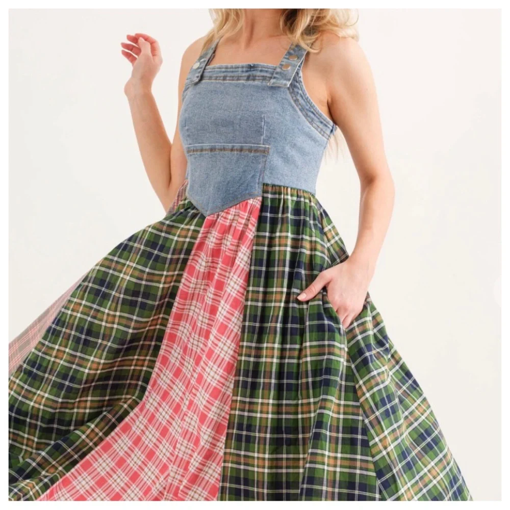 13 Boho Denim Multi Fabric Pleated Suspender Dress - Picture 3 of 5